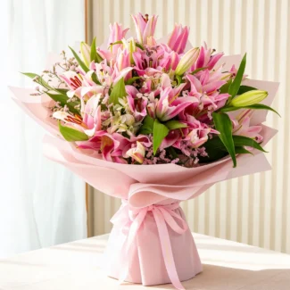 Pink Magic bouquet with pink lilies and pink roses