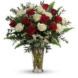 Passion Cascade Vase with luxurious red and white roses arranged by Kaiflora, No. 1 online florist in South Africa